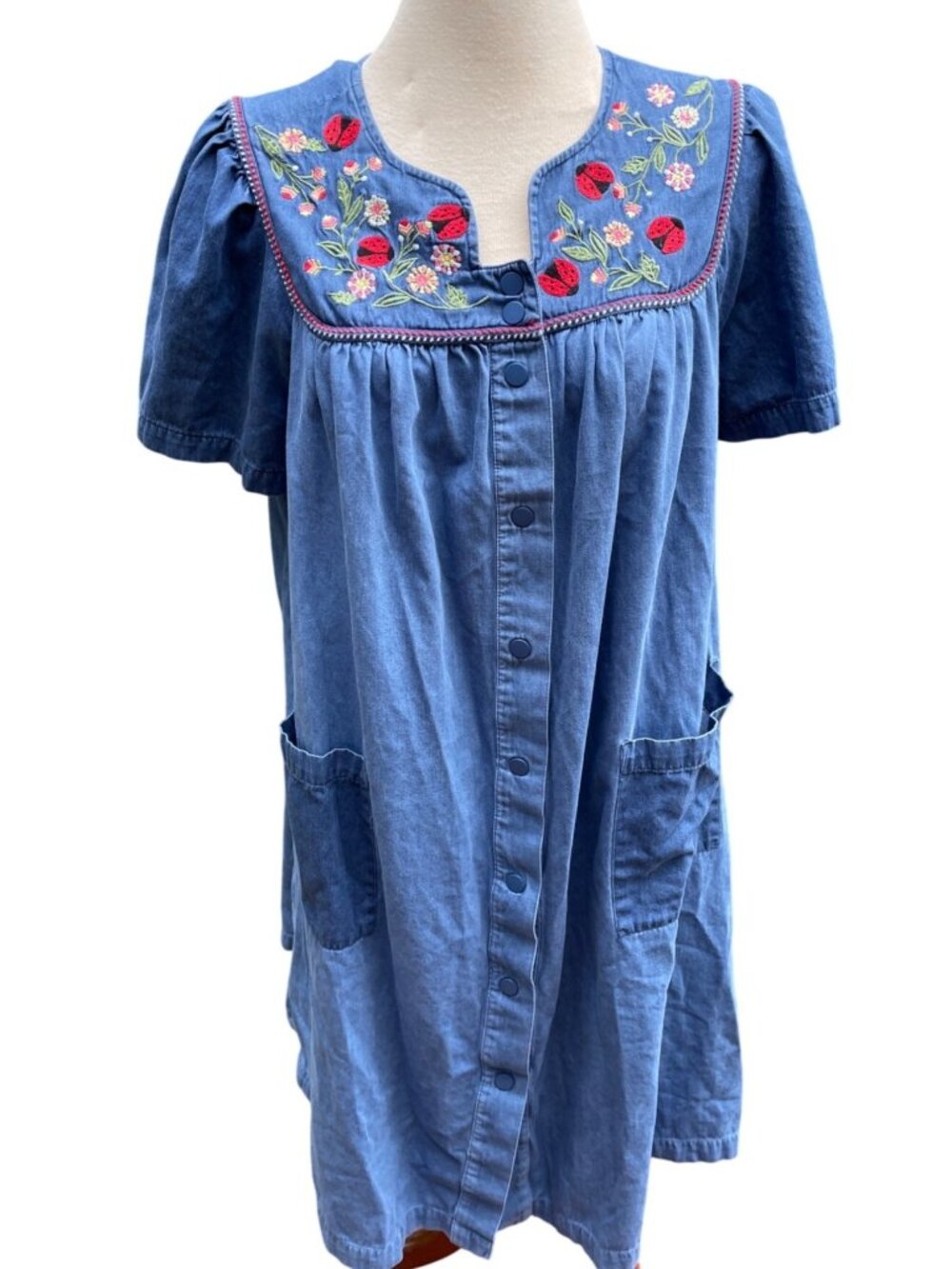 Ladybug Denim Tunic Dress With Pockets Size Large Go Softly Womens Embroidered